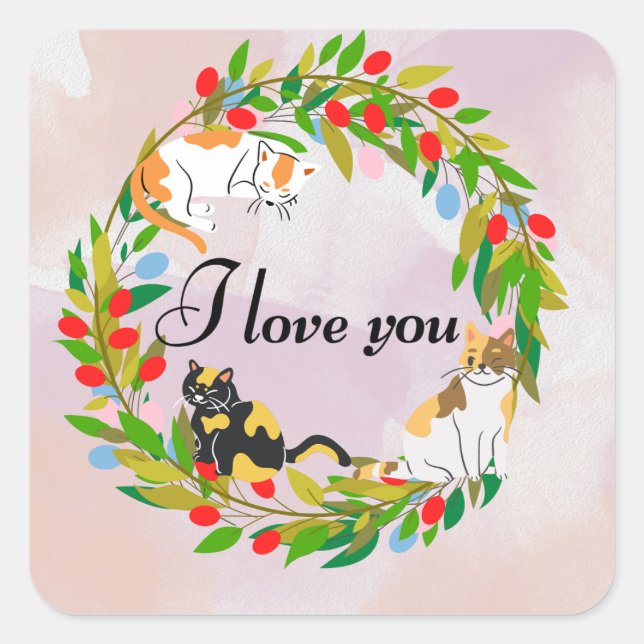Cuadrada "Te amo", Pegatina de Cat Wreath (Anverso)