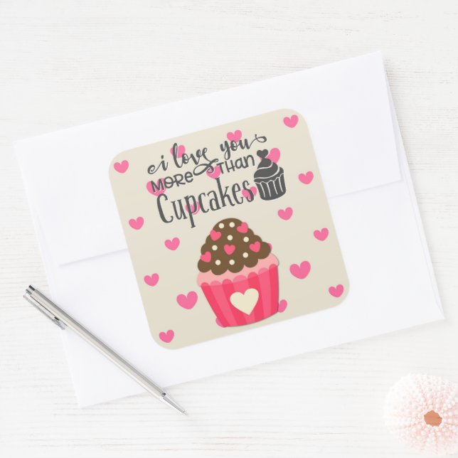 Cuadrada Te Quiero Más Que Pegatina De Cupcakes (Sobre)