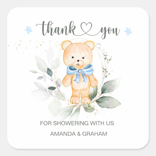 Cuadrada Teddy Bear Boy Baby Shower Gracias Pegatina (Anverso)