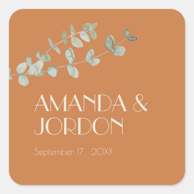Cuadrada Terracotta Eucalyptus Deco Boda Pegatina de foco (Anverso)