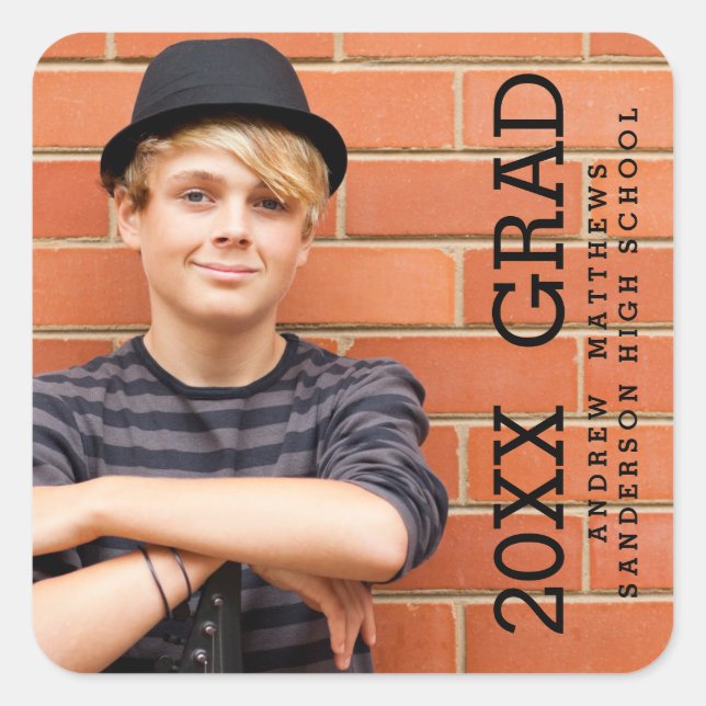 Cuadrada Texto moderno | Pegatina de Graduación de Foto (Anverso)