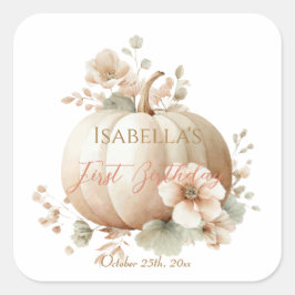 Cuadrada Título: Pequeña Calabaza Primer Pegatina de Cumple