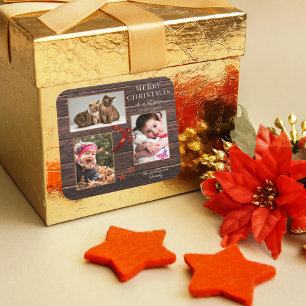 Cuadrada Tus fotos Rústico Navidades de Madera Pegatina de