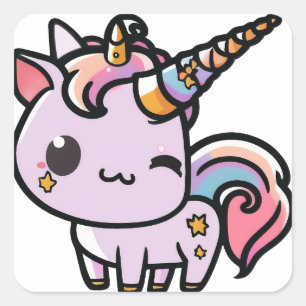 Cuadrada Un lindo pegatina kawaii unicornio