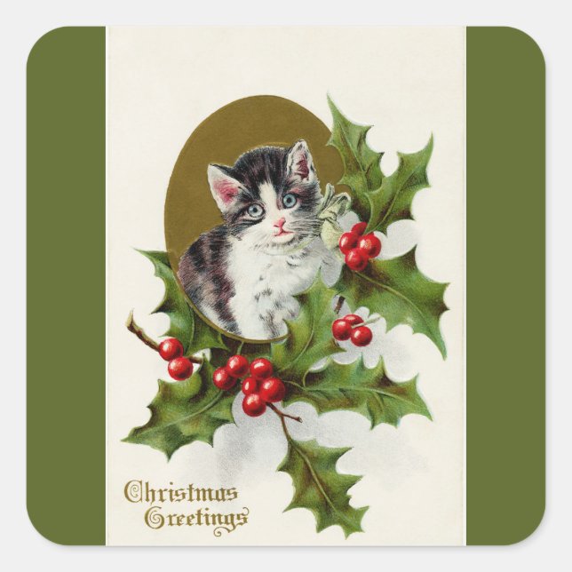 Cuadrada Vintage Christmas Kitten Green Square Pegatina (Anverso)