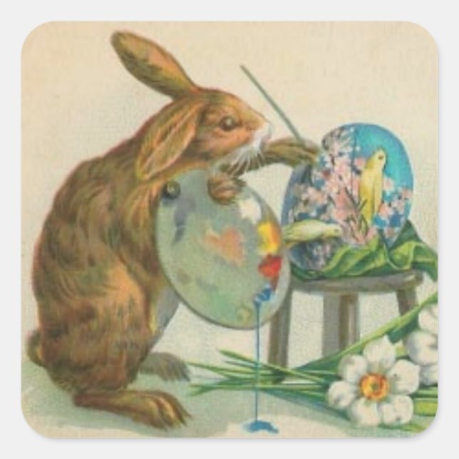 Cuadrada Vintage Easter Bunny Art Pegatina (Anverso)