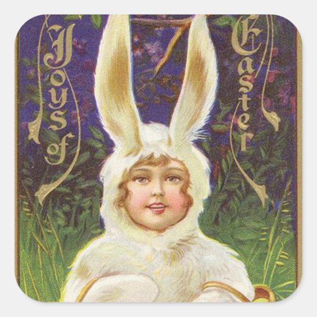 Cuadrada Vintage Easter child bunny pegatina de vacaciones (Anverso)