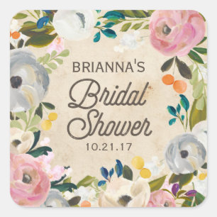Cuadrada Vintage Florals   Pegatina Bridal Shower
