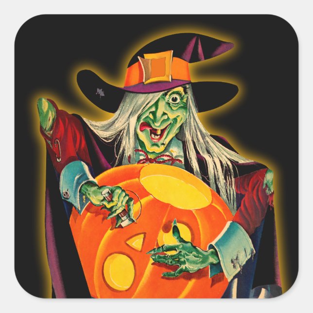 Cuadrada Vintage Halloween Witch Pegatina (Anverso)
