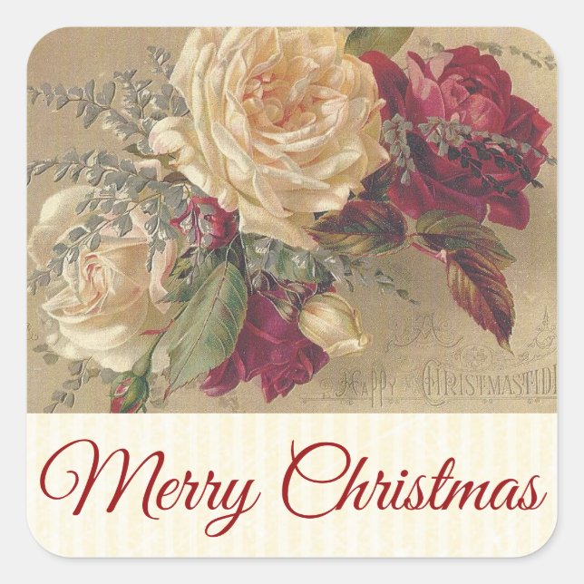 Cuadrada Vintage Navidades Rosas Pegatina (Anverso)
