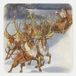 Cuadrada Vintage Santa's Sleigh con hoja de Pegatina de ren