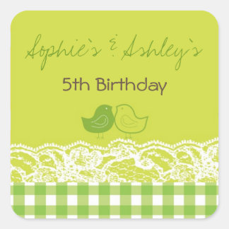 Cuadrada Whimsical Twin Birds Lace Birthday Party Pegatina