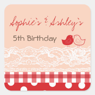 Cuadrada Whimsical Twin Birds Lace Birthday Party Pegatina
