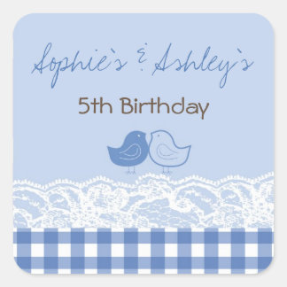 Cuadrada Whimsical Twin Birds Lace Birthday Party Pegatina