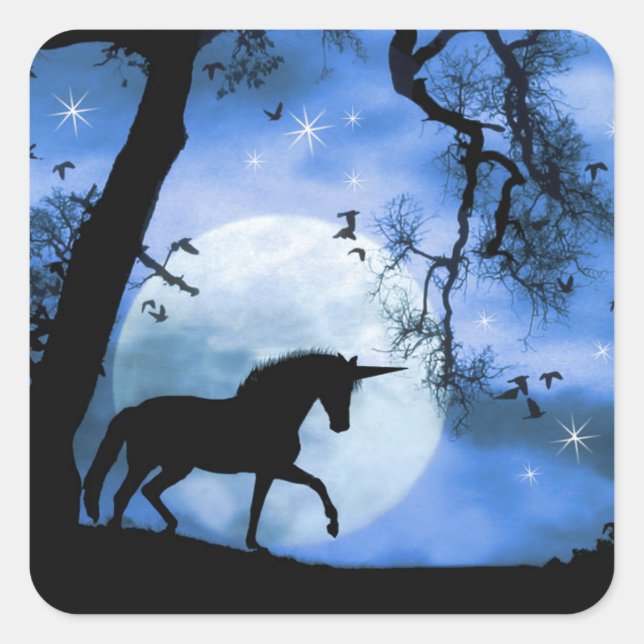 Cuadrada Whimsical Unicorn y Pegatina nocturno lunar (Anverso)