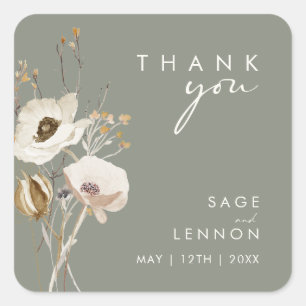 Cuadrada Whimsical Wildflower Sage Green Gracias Pegatina