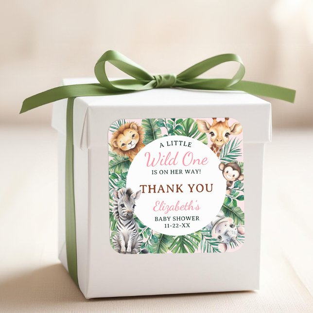 Cuadrada Wild One Safari Chica Baby Shower Gracias Pegatina (Favor Sticker)