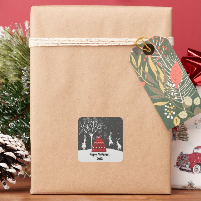 Cuadrada Winter Bunny Hoppy Holidays Pegatina (Vacaciones)