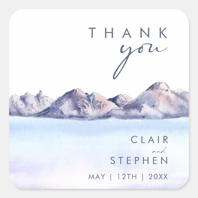 Cuadrada Winter Mountain Gracias pegatina de Boda Favor (Anverso)