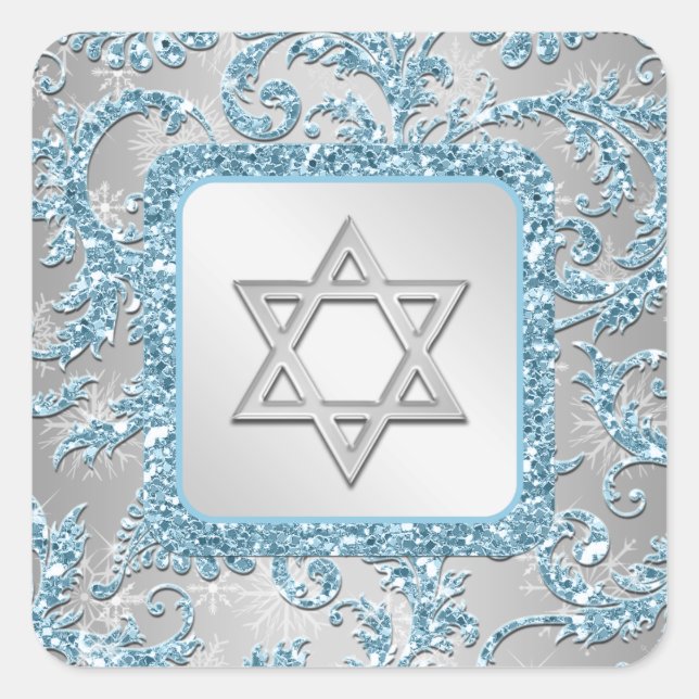Cuadrada Winter Wonderland Damask Bat Mitzvah Pegatina 11 (Anverso)