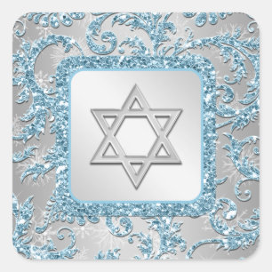 Cuadrada Winter Wonderland Damask Bat Mitzvah Pegatina 11