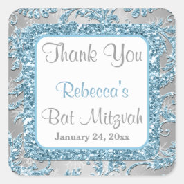 Cuadrada Winter Wonderland Damask Bat Mitzvah Pegatina 4