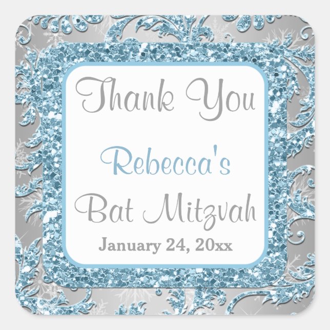 Cuadrada Winter Wonderland Damask Bat Mitzvah Pegatina 4 (Anverso)