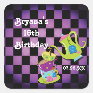 Cuadrada Wonderland Whimsical Mad Tea Fiesta Pegatina