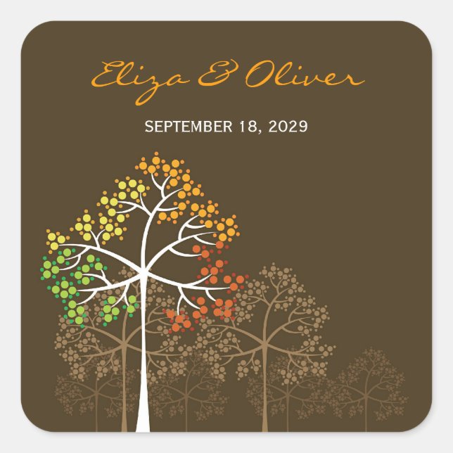 Cuadrada Woodland Autumn Trees Rustic Fall Wedding Pegatina (Anverso)