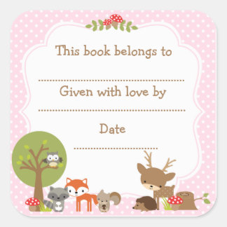 Cuadrada Woodland Baby Shower Bookplate pegatina rosa