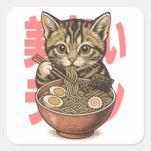 Cuadrada Yummy Ramen Kitten Pegatina