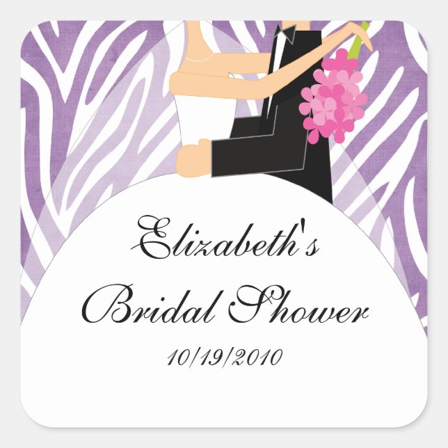 Cuadrada Zebra Bride Groom Bridal Shower Pegatina Purple (Anverso)