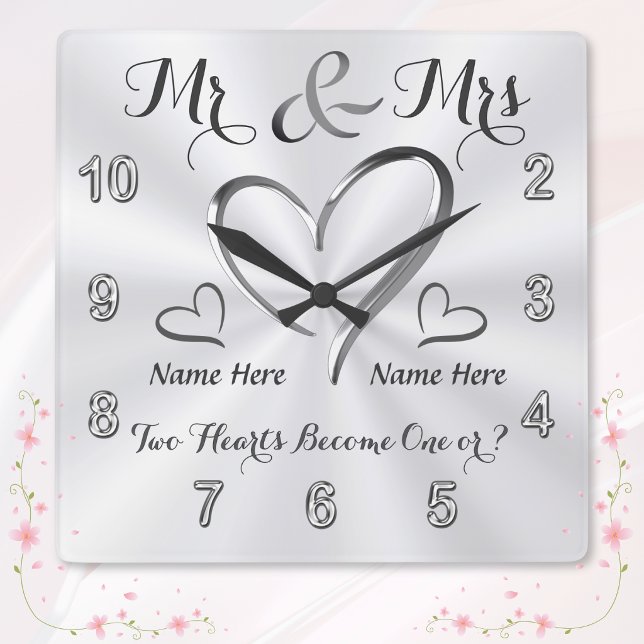 Cuadrado 2 Corazones se Convierten en Uno, Reloj de Boda Pe (Mr and Mrs wedding clock. Wedding shower gifts. Personalized wedding gifts for bride and groom. )