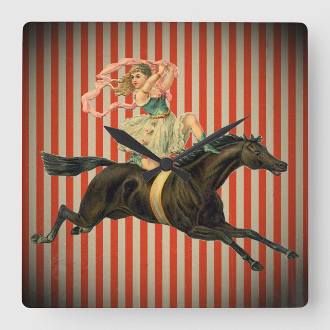Cuadrado acróbata de circo vintage y reloj de caballo (Anverso)
