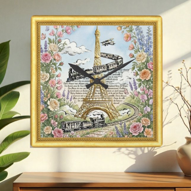 Cuadrado Ama Reloj de París, Torre Eiffel, Arte Francés (Paris, Eiffel Towel & Dreamy French Art Clock / Romantic)