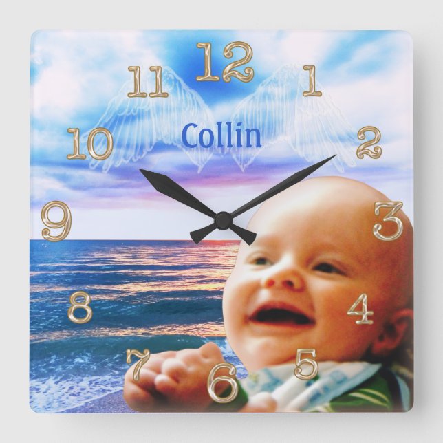 Cuadrado Angel Wings Beach reloj tu TEXTO y foto (Anverso)