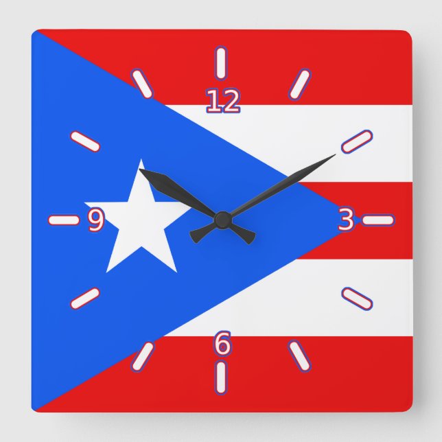 Cuadrado Bandera de Puerto Rico Reloj (Con Números) (Anverso)