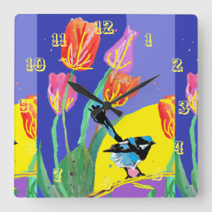 Cuadrado Blue Wren Watercolor Pájaro Niños Reloj de habitac