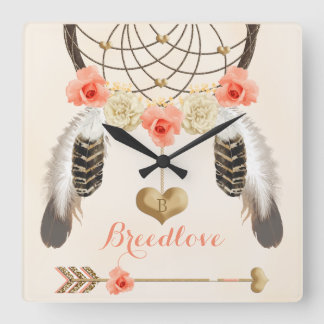 Cuadrado Boho Reloj tribal con Dreamcatcher y Feathers