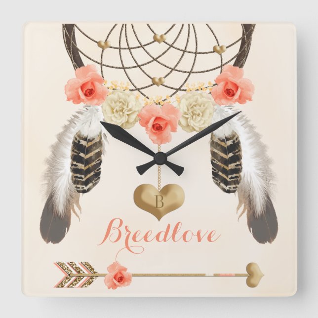 Cuadrado Boho Reloj tribal con Dreamcatcher y Feathers (Anverso)