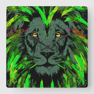 Cuadrado Cabeza de león verde - Reloj de león - Retrato de
