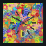 Cuadrado Colores de potencia de las flores   cara de reloj<br><div class="desc">arte pop de EDDA Fröhlich| flores, signos de paz, corazones, espirales| para los años 60 y 70 - Amantes del poder de las flores - Hacer el amor no la guerra| ¿Extrañas otros colores o productos con este diseño? Siéntase libre de contactarme: contact@eddart.de o echa un vistazo aquí: www.zazzle.com/eddartshop* y...</div>
