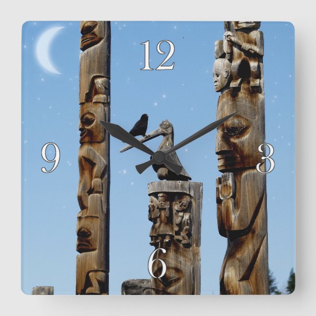 Cuadrado Crow & Totem Poles Reloj de arte nativo americano (Anverso)