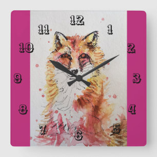 Cuadrado Cute Red Fox Watercolor Niños Sala Reloj