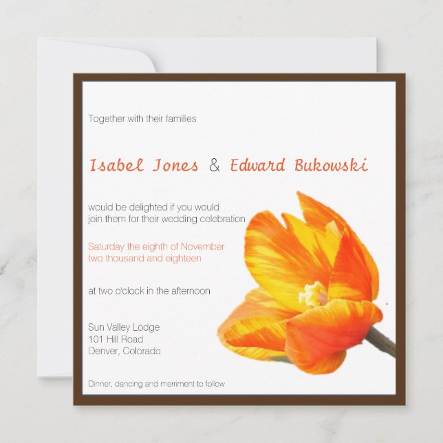 Cuadrado de invitación a la boda bilingüe de tulip (Anverso)