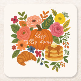 Cuadrado De Papel Calabaza Floral Bendice Esta Casa Posavasos Otoño