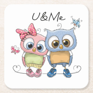 Cuadrado De Papel Cute Owl "U & Me" Posavasos - Caprichoso Cartoon