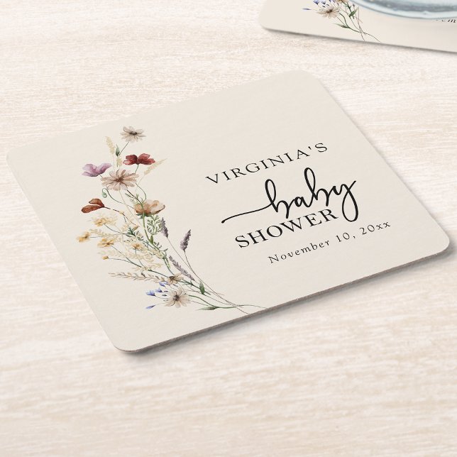 Cuadrado De Papel Posavasos para Baby Shower Boho Wildflowers (Boho Wildflowers Baby Shower Coasters by Painted Paperie
)