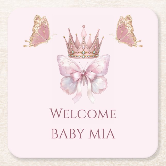 Cuadrado De Papel Posavasos Real Mariposa Rosa Princesa Cumpleaños d (Anverso)