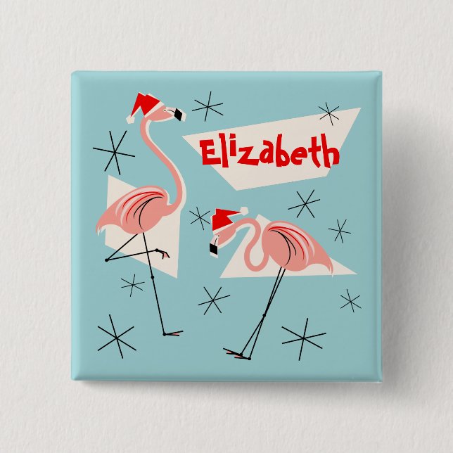 cuadrado del botón Nombre azul de Flamingo Santas (Anverso)